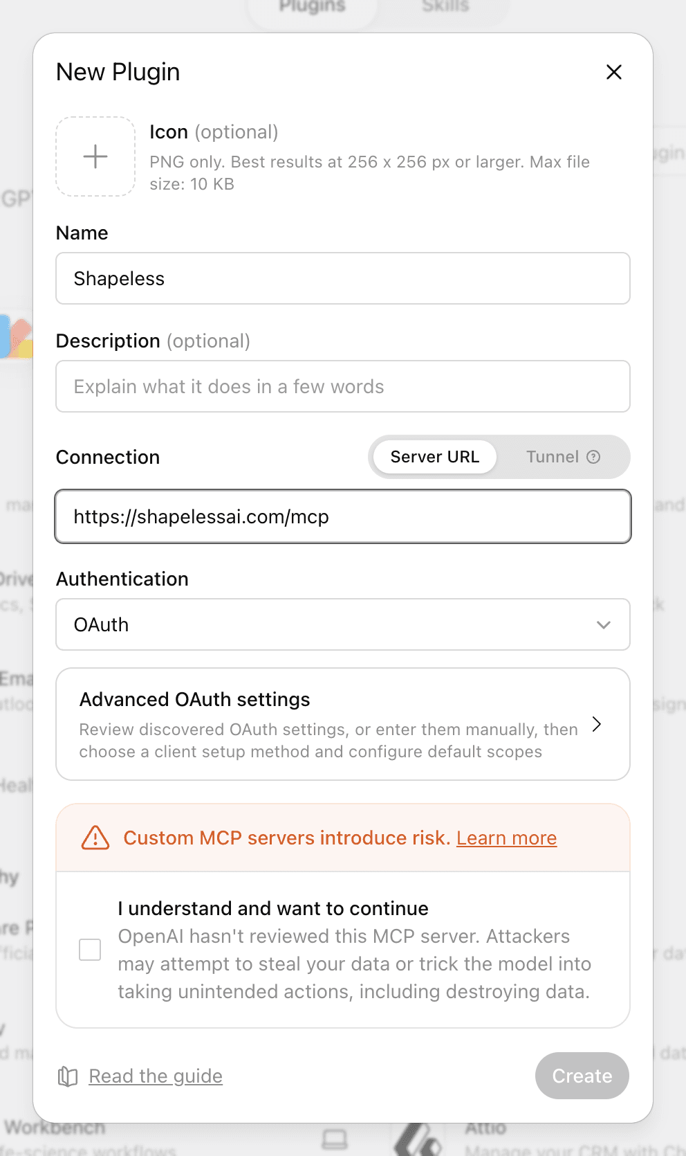 ChatGPT's New Plugin dialog with the name Shapeless, the server URL https://shapelessai.com/mcp and OAuth authentication