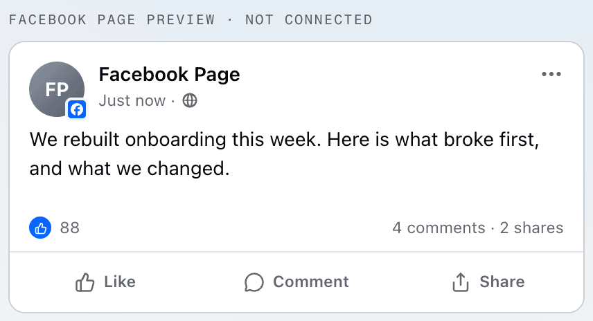 The Facebook preview inside Manual: the post as Facebook shows it, before any account is connected