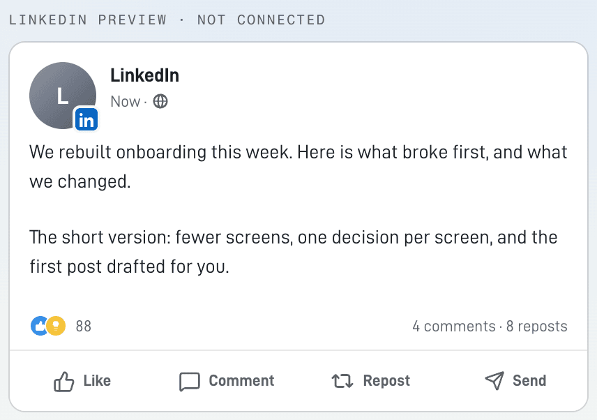 The LinkedIn preview inside Manual: the post as LinkedIn shows it, before any account is connected