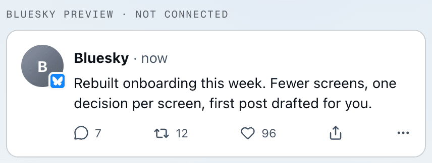 The Bluesky preview inside Manual: the post as Bluesky shows it, before any account is connected