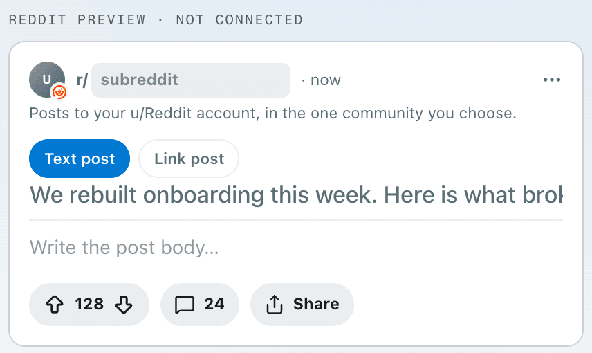 The Reddit preview inside Manual: the post as Reddit shows it, before any account is connected