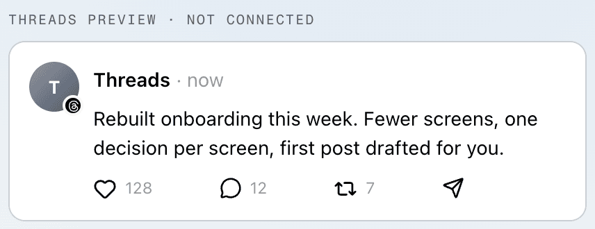 The Threads preview inside Manual: the post as Threads shows it, before any account is connected