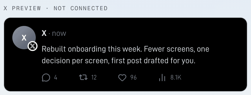 The X preview inside Manual: the post as X shows it, before any account is connected