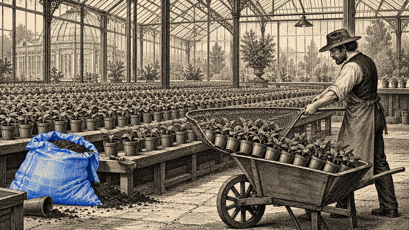 A gardener nets a whole row of seedlings at once because they came from the same sack of soil: the sweep follows the origin, not the plant