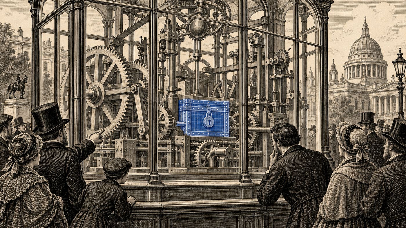 An engraving of a glass-walled clockwork engine in a public square, its gears and levers fully visible to a crowd pressed against the panes. In the middle of the open machinery sits one locked strongbox, drawn as a blueprint, that nobody can see into.